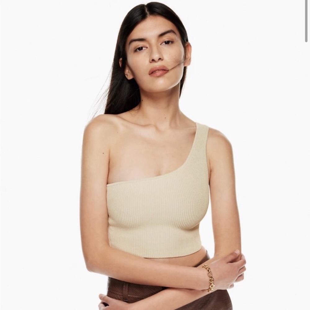 Babaton sculpt knit one shoulder top matte pearl L